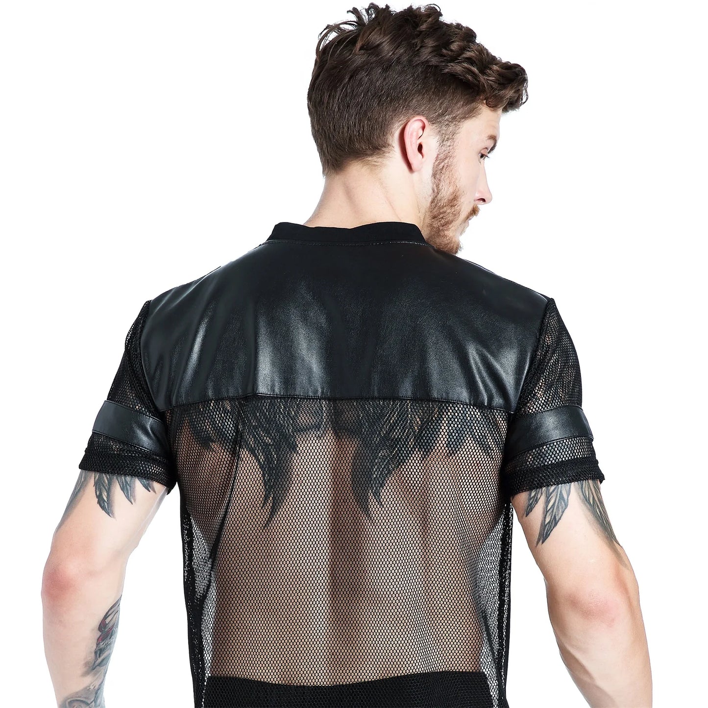 CLEVER-MENMODE Sexy Men Fishnet T-Shirt PU Faux Leather Mesh Shirts See Through Tops Tee Transparent Short Sleeve Stage Clubwear