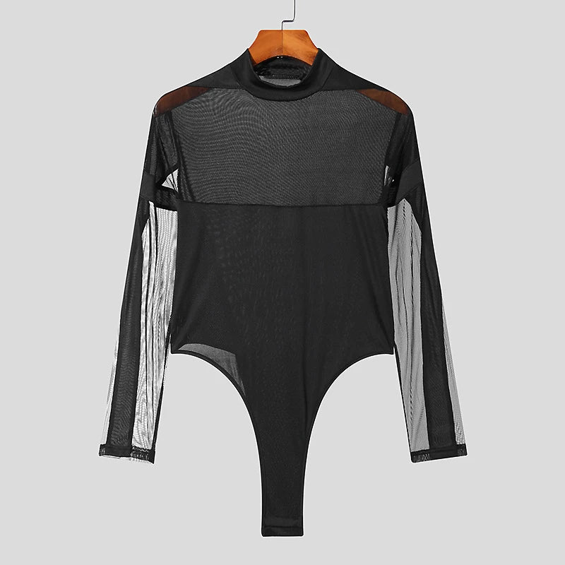 Sexy See Through Mesh Jumpsuits Tees Mens Spring Party Fashion Patchwork Mesh T-shirts Men Stylish Slim Fit Long Sleeve Pullover