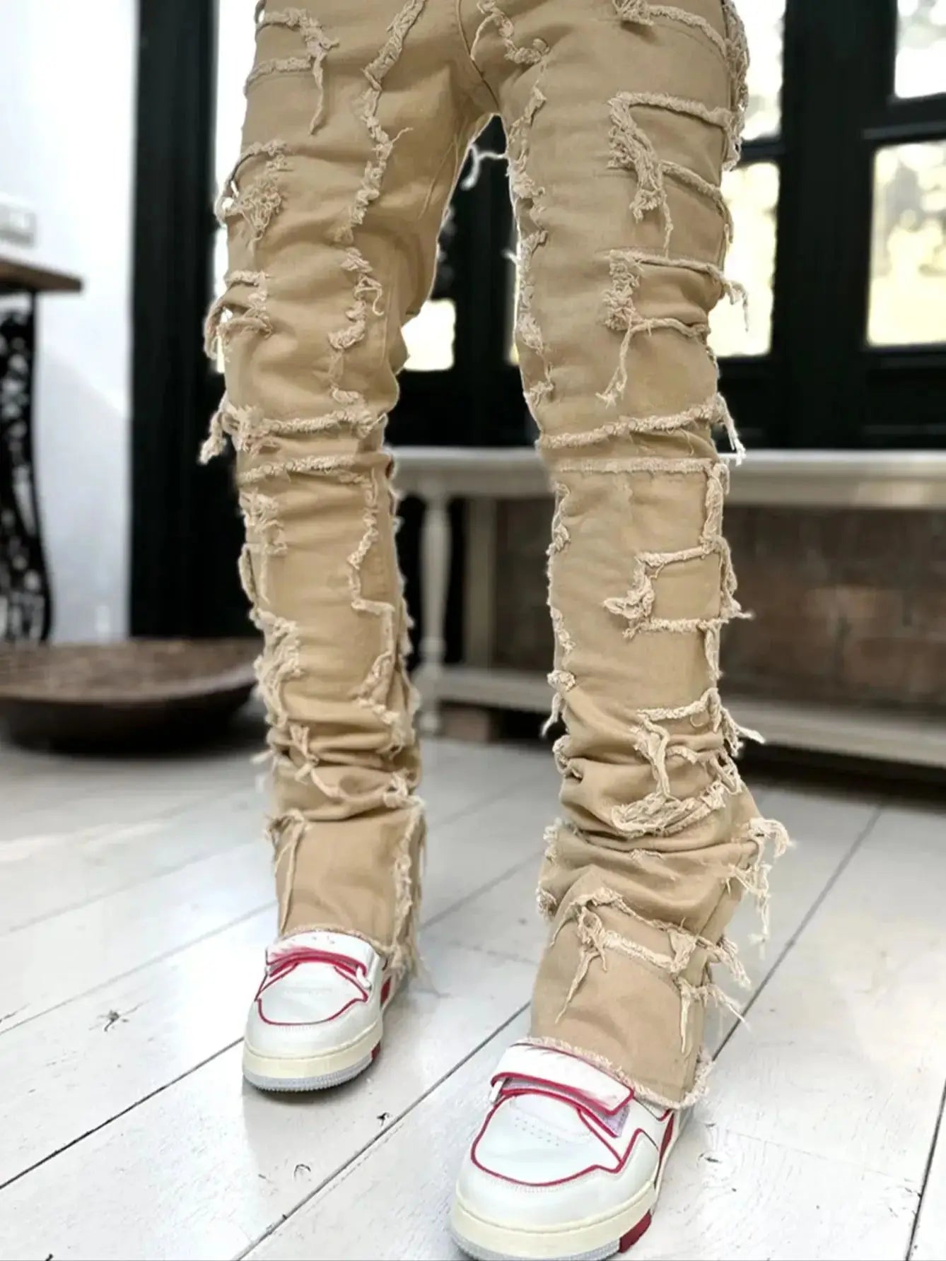 High Street White Men's Stacked Jeans Stretched Patchwork Tassel Damaged Denim Full Length Pants Hip-pop Trousers For Male 