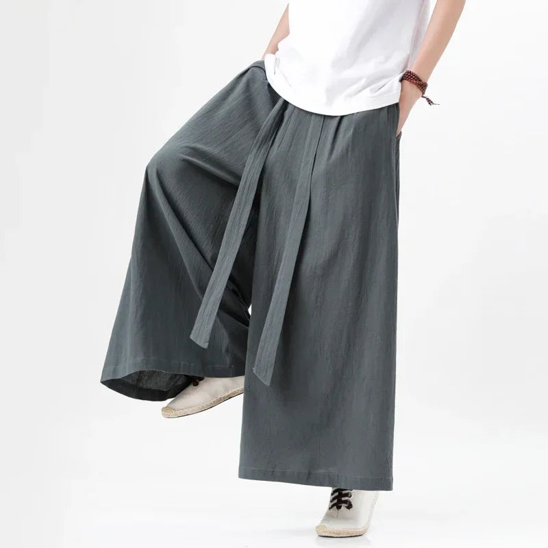 Spring Men Chinese Style Cotton Linen Harajuku Pants Men Kung Fu Kimono Trousers Male Street Wushu Wide Leg Pants Bottom