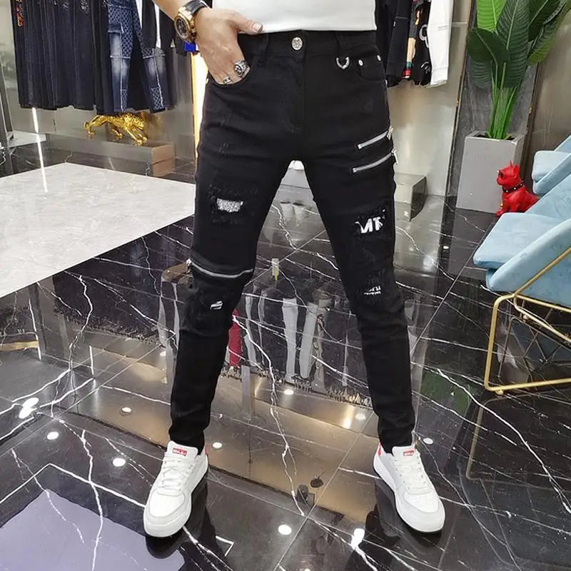 Luxury Men's High Street Korean Black Jeans with Zipper Distressed Hole Designer Youth Trend Slim-Fit Black Cotton Trousers