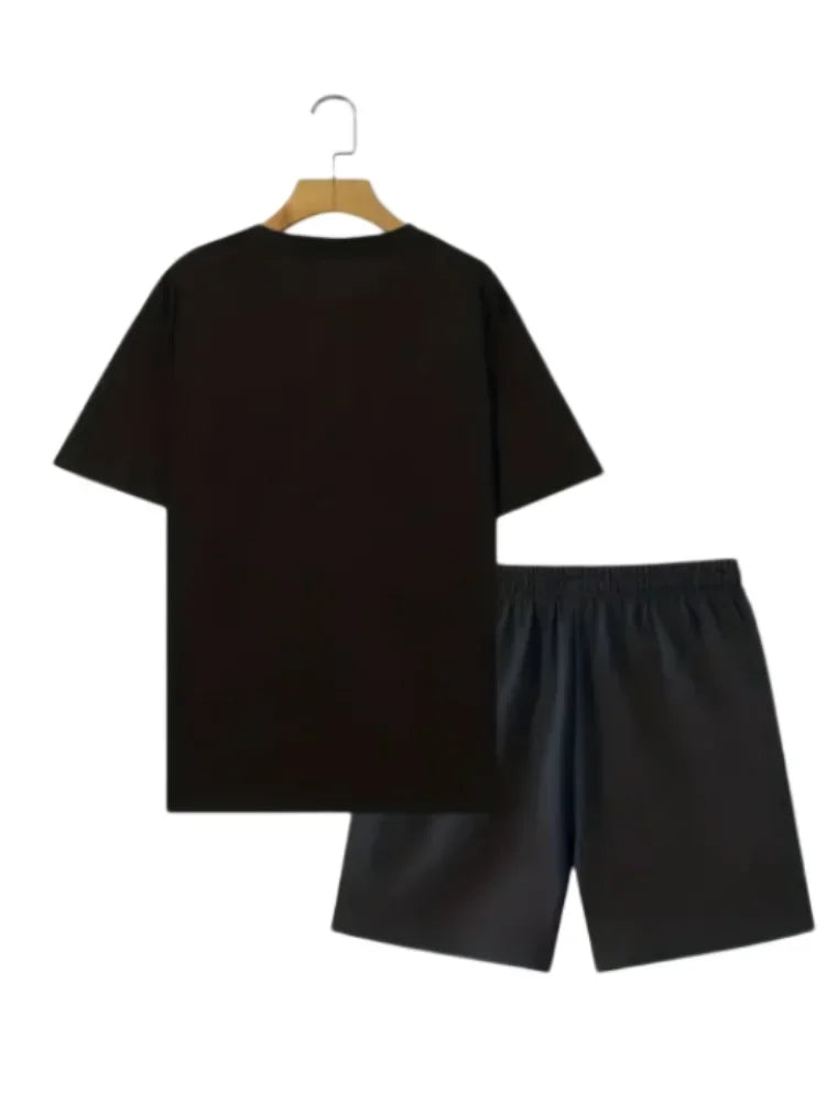 New Men's Short Sleeve Shorts Set Fashion King Printed T-Shirt Shorts 2 Sets of Casual Round Neck Jumper Breathable Sportswear