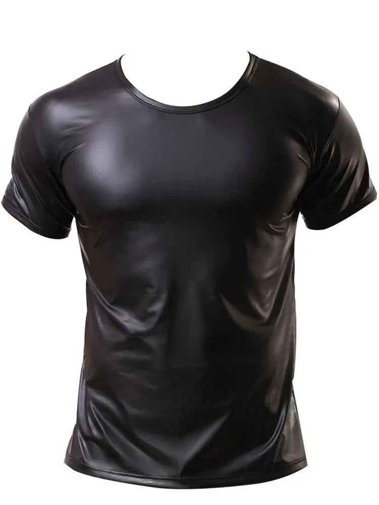 S-5XL Short Sleeve Faux PU Leather T Shirt Men Tights Bodybuilding Hot Muscle Tees Fitness Shapers Cosplay Clubwear Gothic Tops