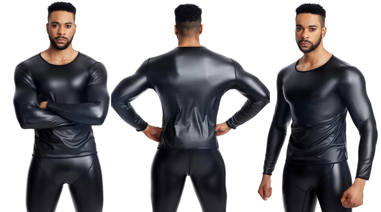 High quality Men's Leather Shirt New Men Sexy Leather T-Shirt Plus Size S-6XL Faux Leather Long Sleeve Top Black Slim Undershirt