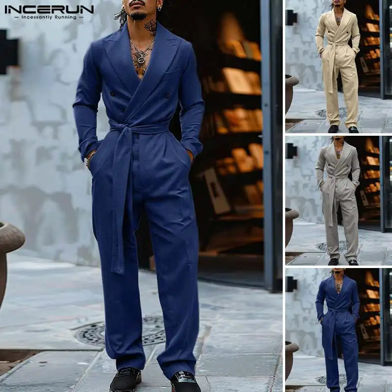 American Style Fashion Jumpsuit Casual Men's Suit Neck Double Breasted Jumpsuits Long Sleeved Casual Rompers S-5XL