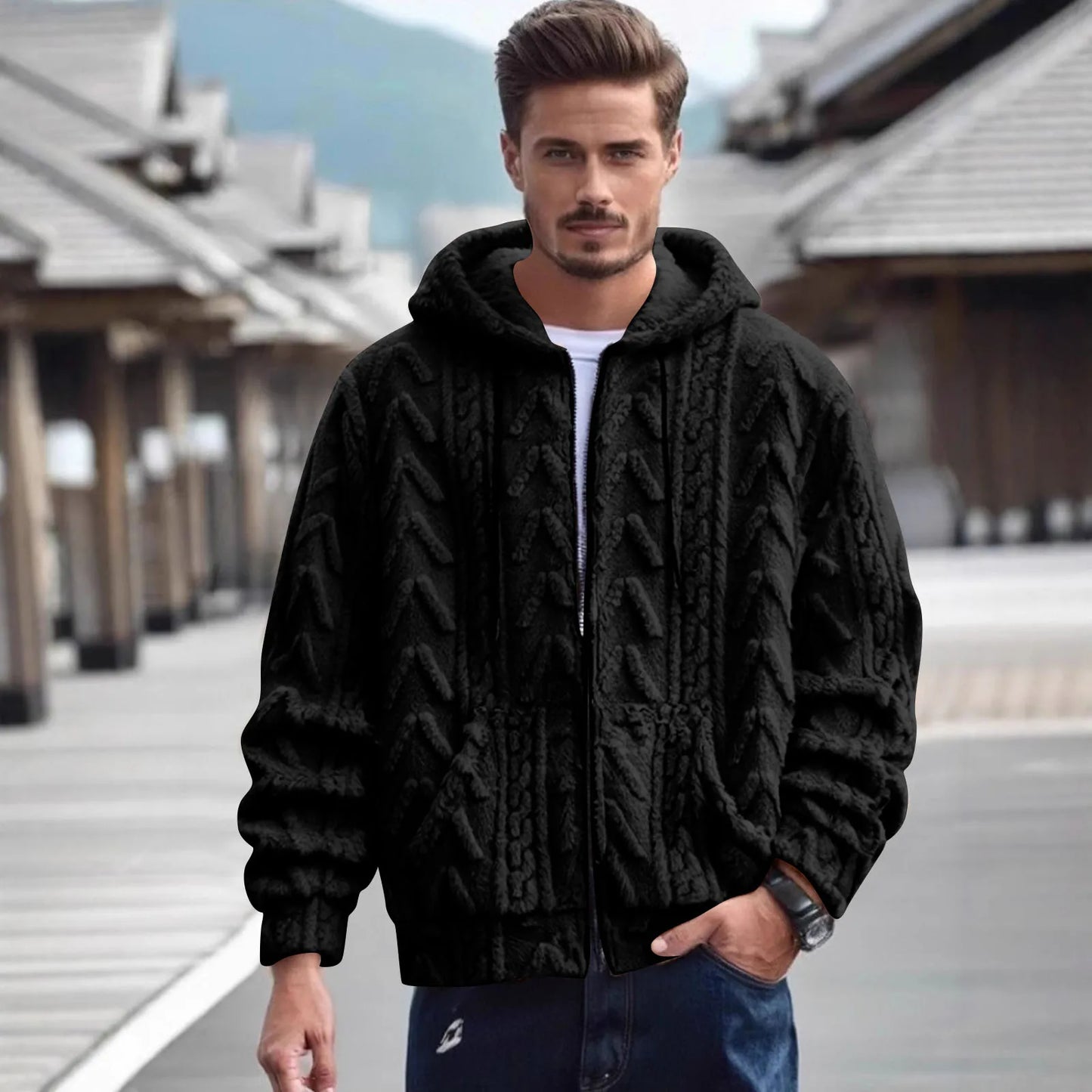 Men fleece hooded sweatshirt casual streetwear warm soft cozy pullover unisex vintage trendy oversized stylish winter fashion