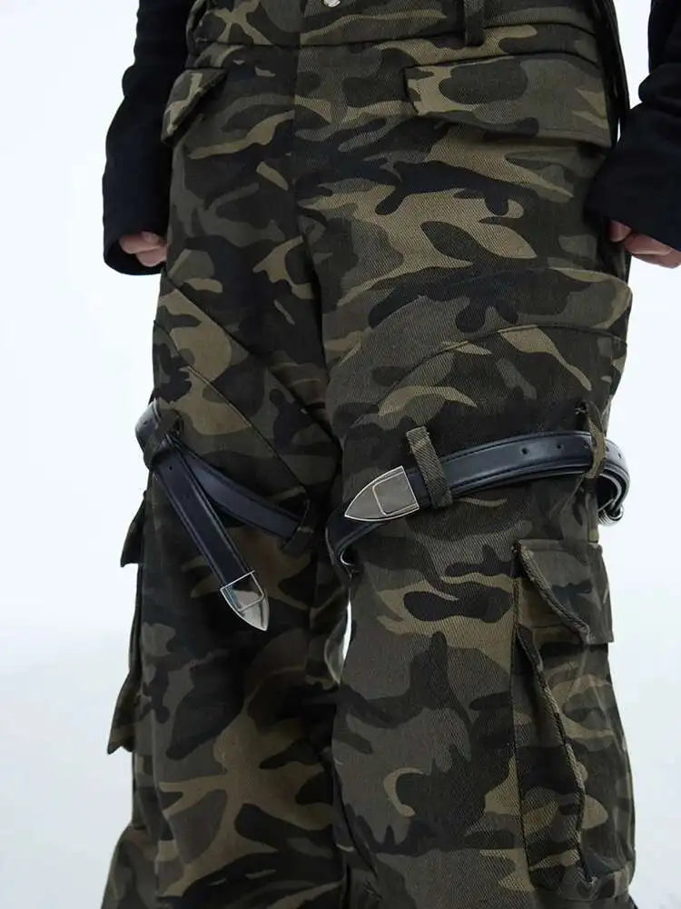 LUZHEN Belt Design Camouflage Work Pants Washed Vintage High Quality Cargo Trousers Trendy Streetwear Men's Straight LZ7881