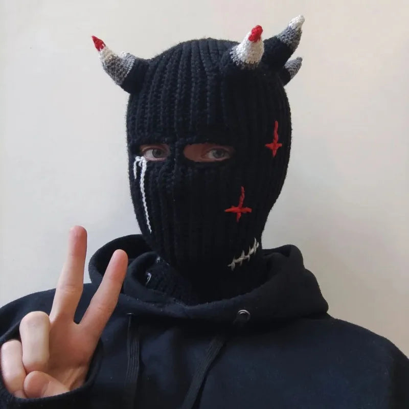 Funny Horns Knitted Hat Cosplay Halloween Masquerade Beanies Warm Full Face Cover Ski Mask Hat Windproof Helmet Trick Scare Prop