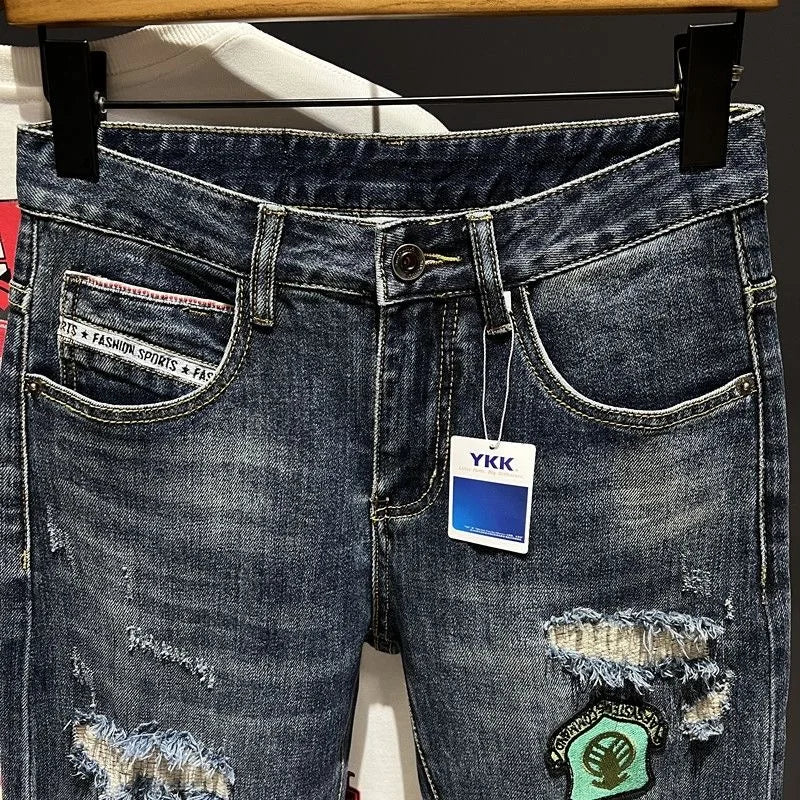 Spring and Autumn New Men's Fashion Trend Ripped Patch Small Foot Pants Men's Casual Slim Comfortable High-Quality Jeans