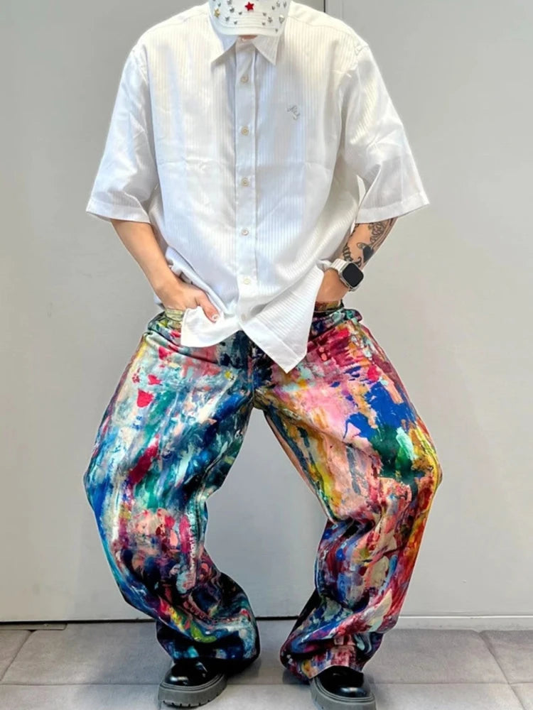 Y2K Fashion Men's Colorful Printing Denim Pants Spring Autumn New Casual Loose Straight Jeans Men Hip Hop Baggy Jean Trousers