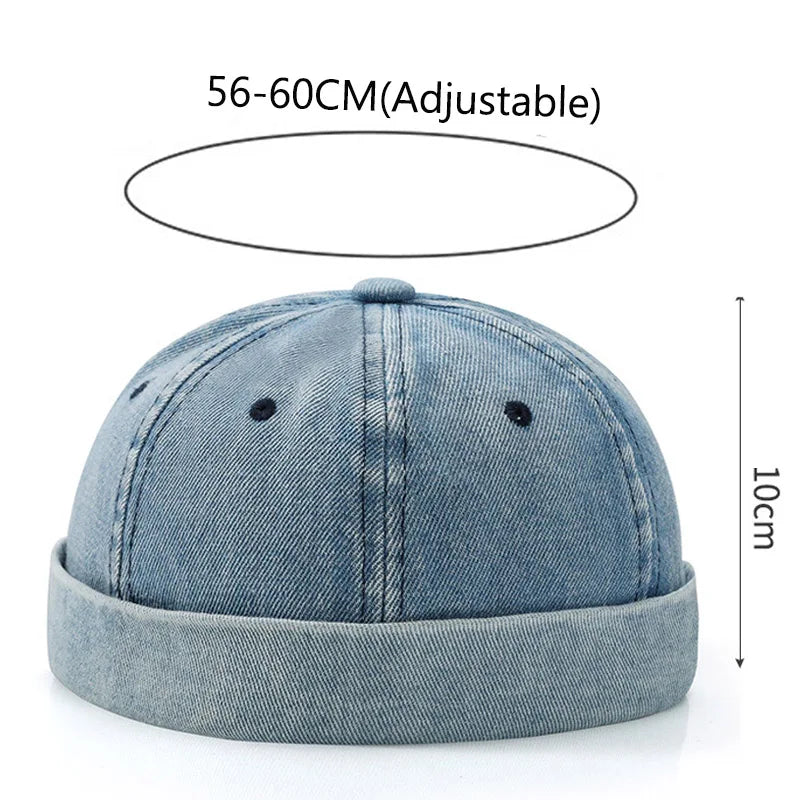 Hip Hop Blue Denim Washed Cotton Landlord Hat Docker Cap Rolled Edge Brimless Sailor Hat Solid Adjustable Beanie Hats Streetwear