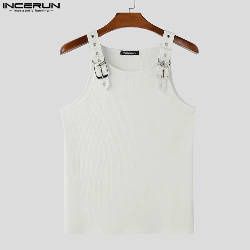 INCERUN Tops American Style Fashion New Men Deconstruction Design Metal Buckle Mesh Vests Casual Streetwear Male Solid Tank Tops