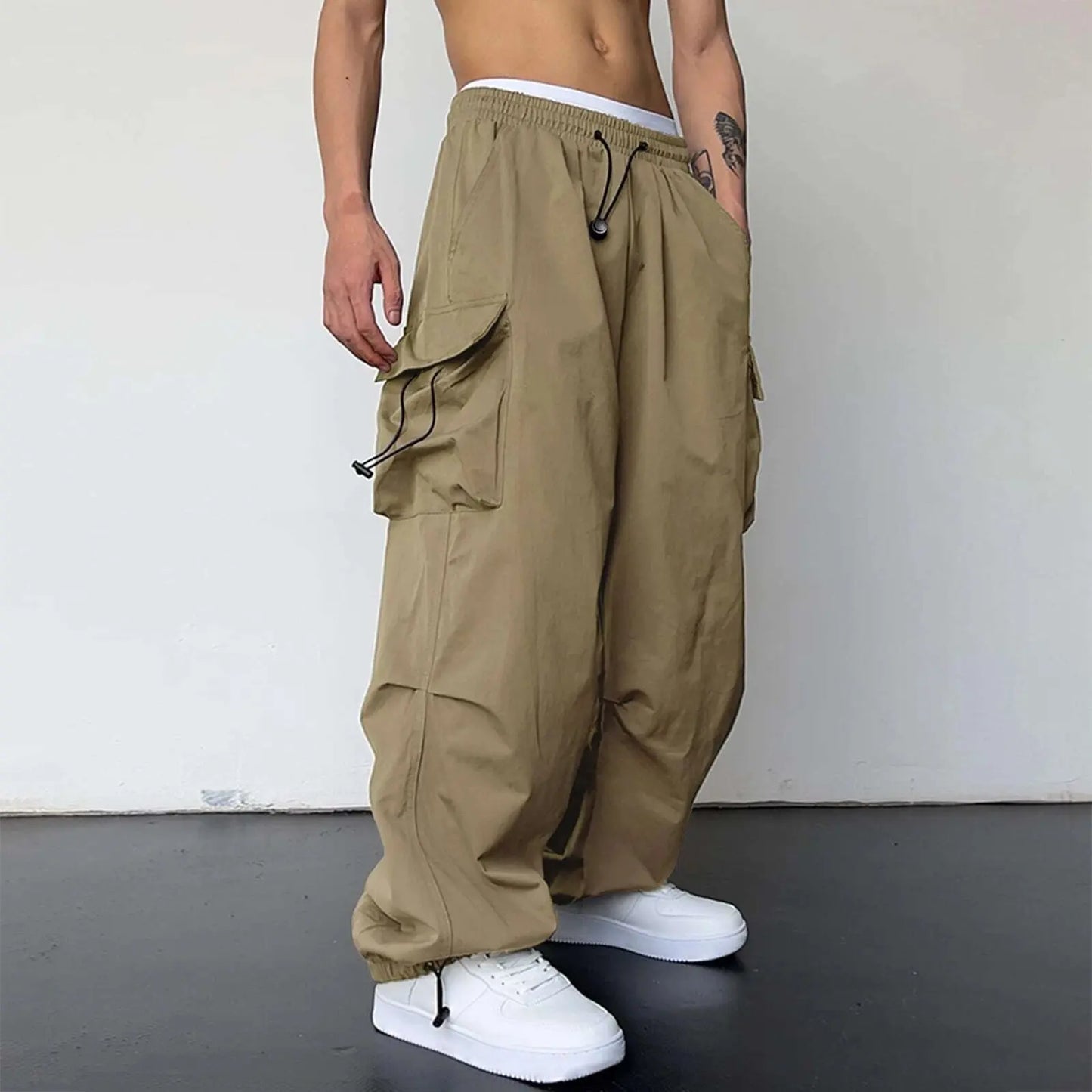 New Style Casual Pants Men's Multi Pocket Cargo Pants High Street Drawstring Workwear Trousers Men Loose Versatile Wide Leg Pant