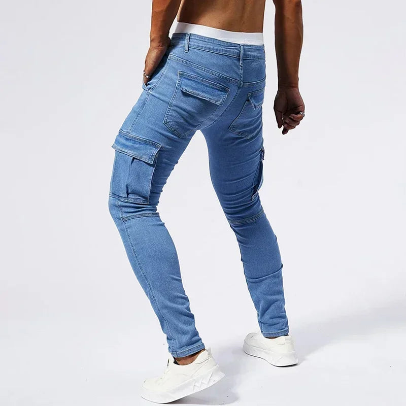2025 New Men Street Elastic Denim Jeans Multi Pockets Cargo Pants Casual Slim Denim Trousers Fashion Y2k Joggers Baggy Man Pants