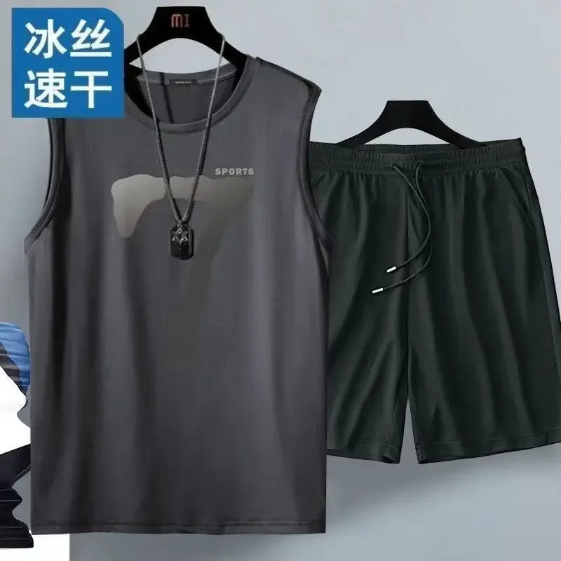 2025 Men's Summer Style Sleeveless Basketball Suit 2 Piece Set with Casual Sportswear+Short Sleeve Tshirt