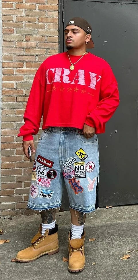 Y2K Jeans Men Women Hip Hop Cartoon Graphics Streetwear Retro Patchwork Denim Short Retro Blue Loose Denim Fitness Casual Shorts