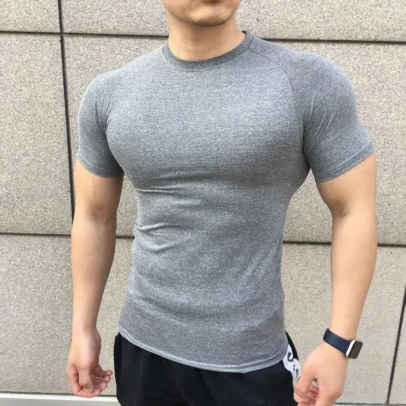 2025 New Men Summer Short Sleeve Fitness Shirt Running Sport Gym Compression T Shirt Workout Casual Elastic Force Tops Clothing
