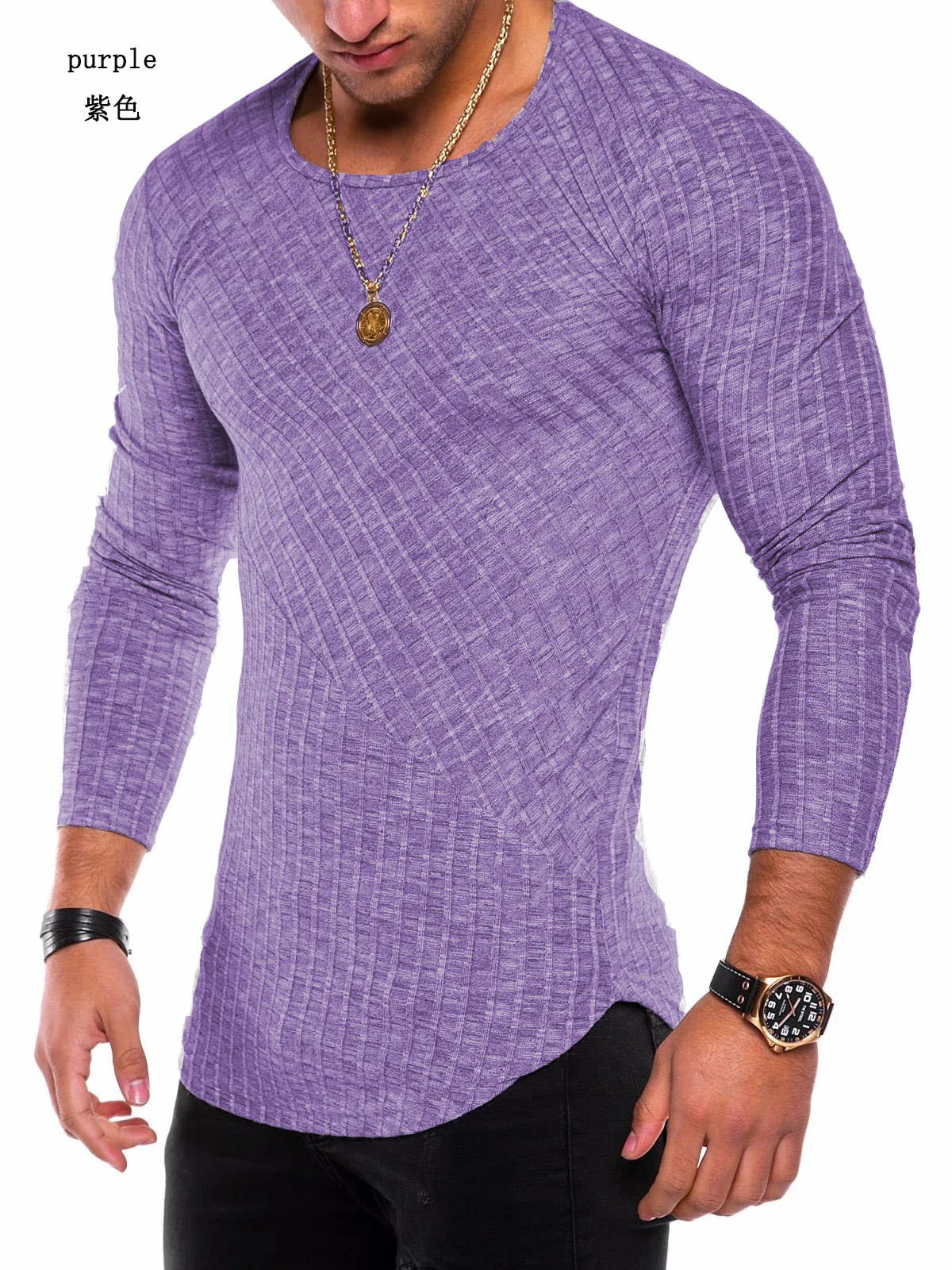 Men's Knitted Thin Base Sweater with Curved Hem Design Round Neck Tight Fit Elastic Long Sleeved T-shirt Thin Sweater