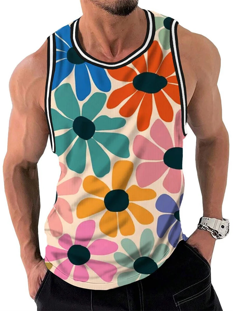 Vintage Rainbow Flowers 3D Print Tank Top Men Women Vacation Party Fashion Casual Y2k Clothing Oversized Sleeveless T-shirt Vest