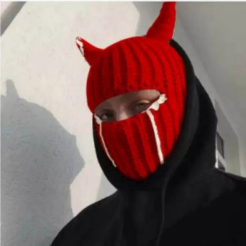 Funny Horns Knitted Hat Cosplay Halloween Masquerade Beanies Warm Full Face Cover Ski Mask Hat Windproof Helmet Trick Scare Prop