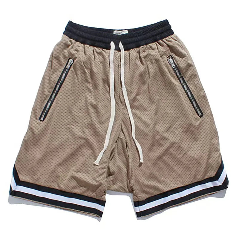 2025 New Knee Length Basketball Shorts Men Striped Loose Running Sport Gym Mesh Breathable Fitness Training Workout Bottom Male