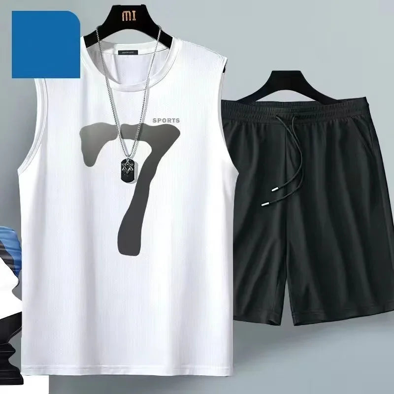 2025 Men's Summer Style Sleeveless Basketball Suit 2 Piece Set with Casual Sportswear+Short Sleeve Tshirt