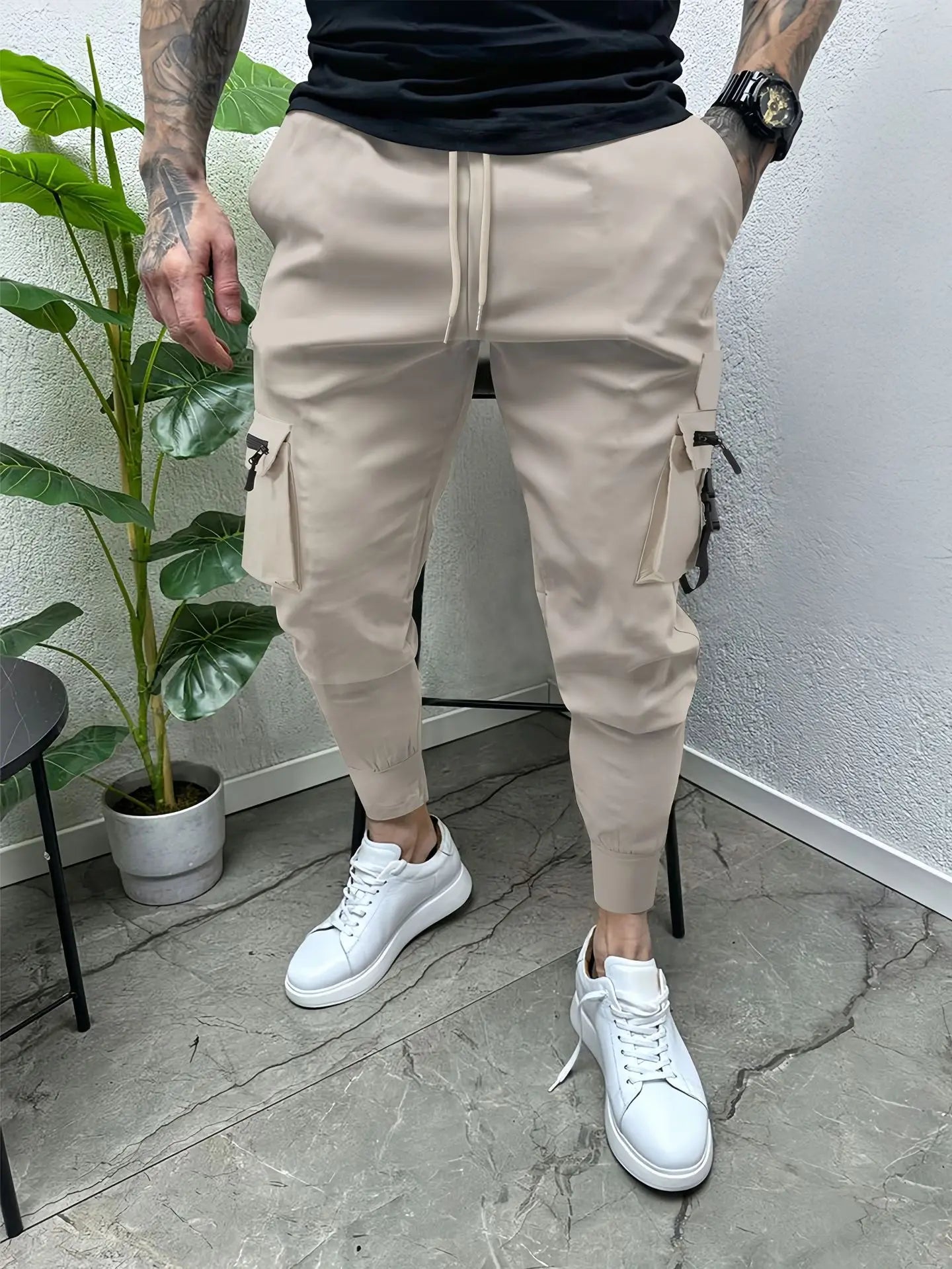 Spring and autumn men's small foot cargo pants casual comfortable cotton multi-pocket drawstring slim-fit fashion sports pants