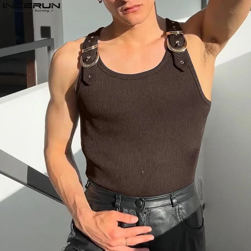 INCERUN Tops American Style Fashion New Men Deconstruction Design Metal Buckle Mesh Vests Casual Streetwear Male Solid Tank Tops