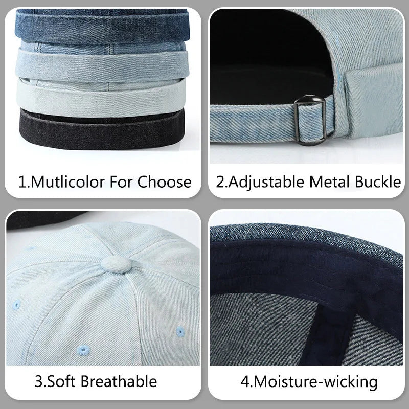 Hip Hop Blue Denim Washed Cotton Landlord Hat Docker Cap Rolled Edge Brimless Sailor Hat Solid Adjustable Beanie Hats Streetwear