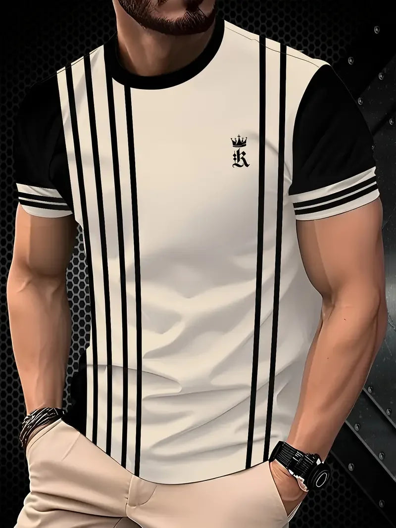 Outdoor Men's T-shirt Summer Round Neck Short Sleeve Top Stripe Print Street Loose T-Shirt Male Oversized Clothing