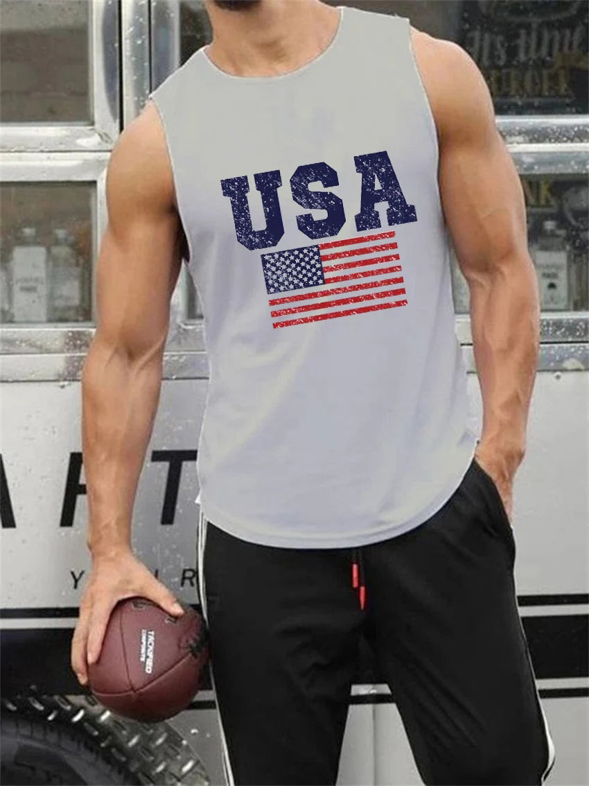 Summer men's loose oversized casual USA flag print sports fitness comfortable and breathable sleeveless vest T-shirt top