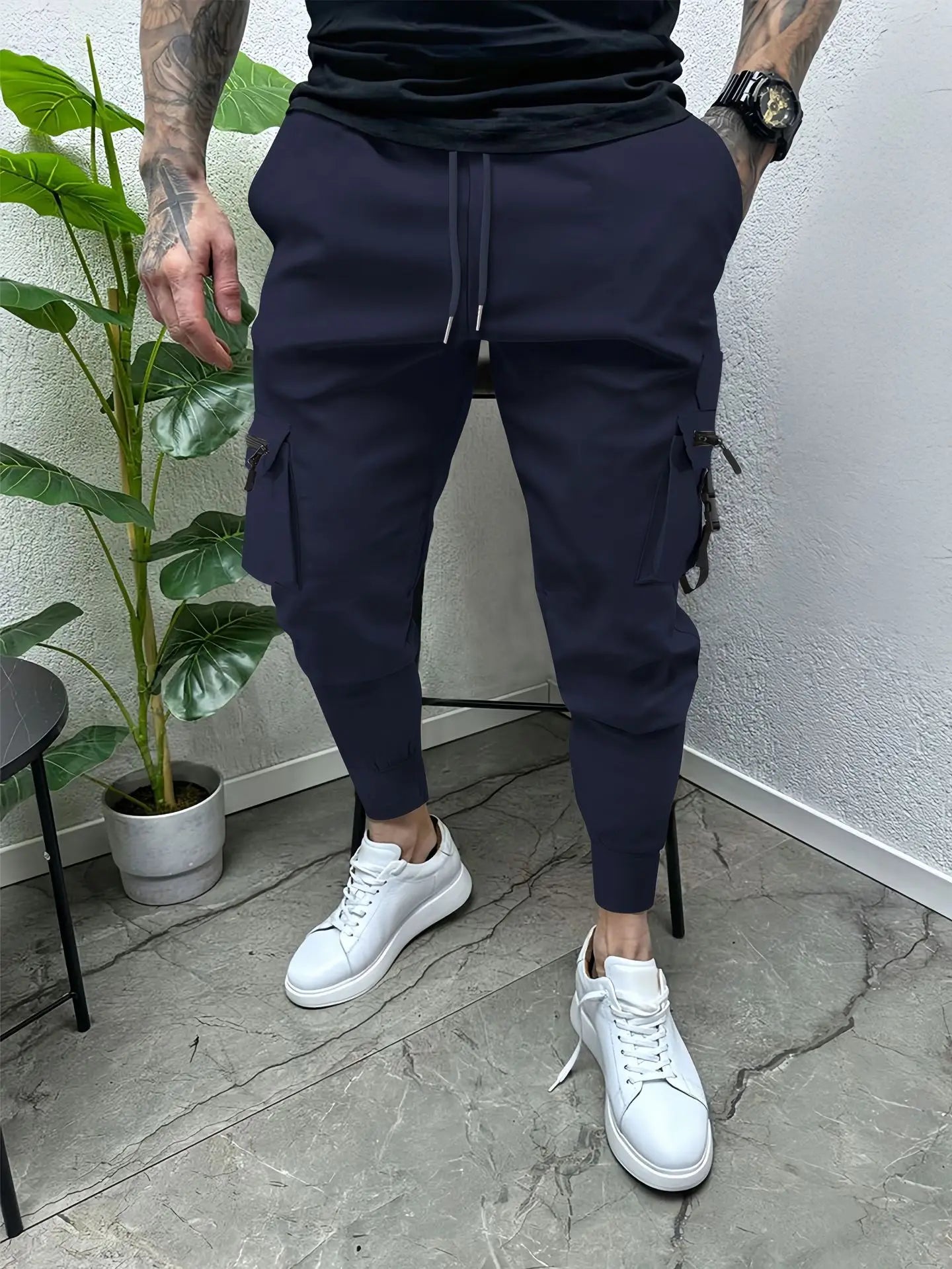 Spring and autumn men's small foot cargo pants casual comfortable cotton multi-pocket drawstring slim-fit fashion sports pants