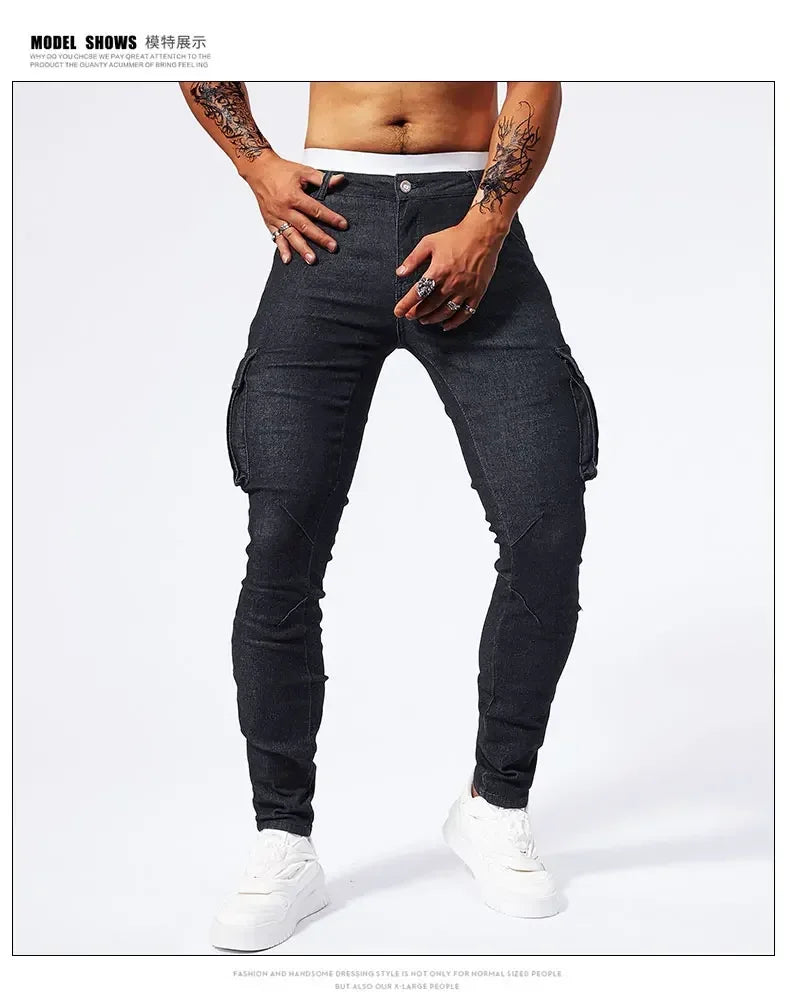 2025 New Men Street Elastic Denim Jeans Multi Pockets Cargo Pants Casual Slim Denim Trousers Fashion Y2k Joggers Baggy Man Pants