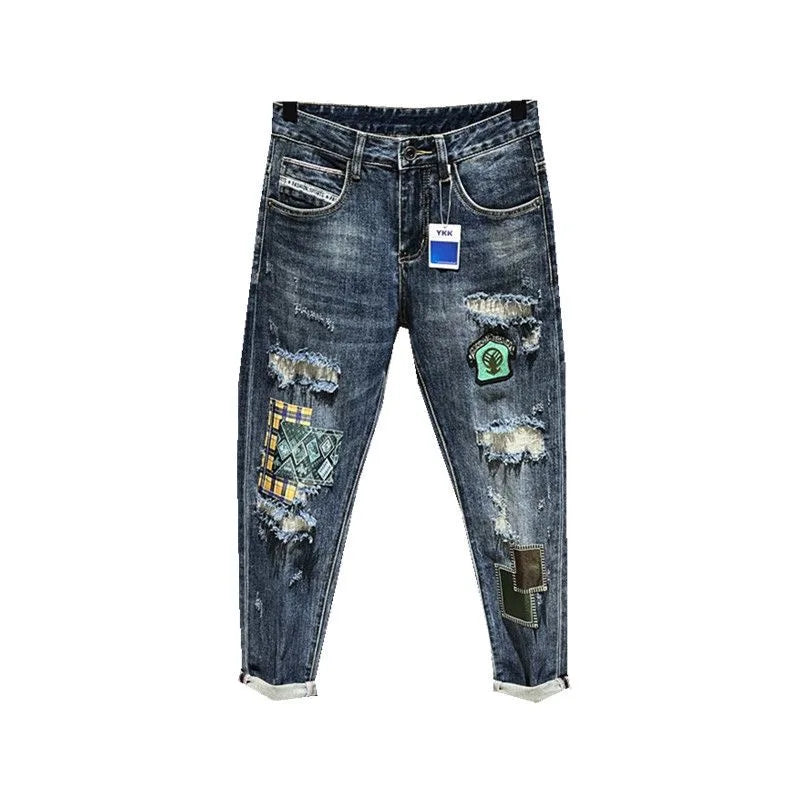 Spring and Autumn New Men's Fashion Trend Ripped Patch Small Foot Pants Men's Casual Slim Comfortable High-Quality Jeans