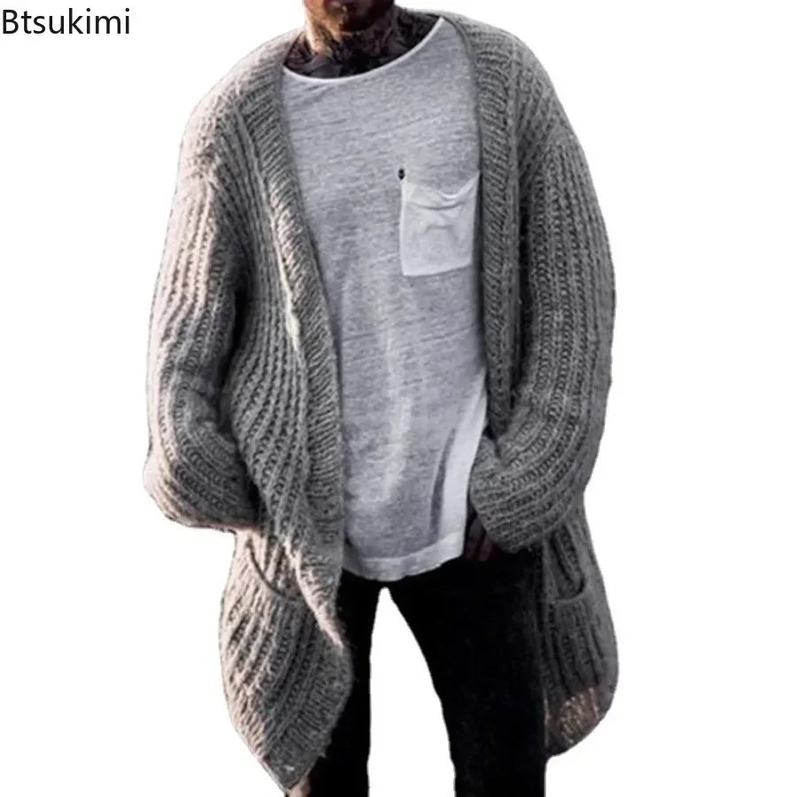 2025 Men's Thick Warm Knitted Cardigan Sweater Long Sleeve Loose Streetwear Knitted Mid Length Coat Jacket Men's Winter Clothing