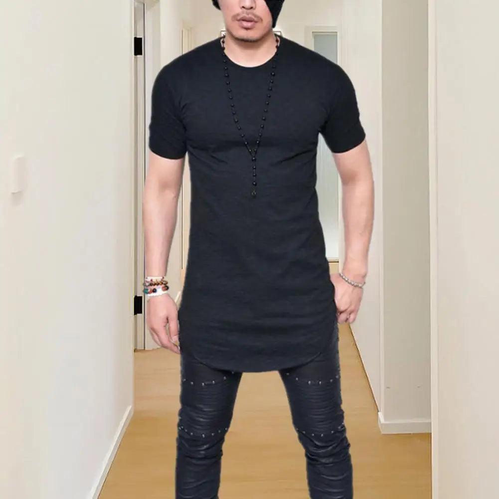 Trendy Men T-shirt Irregular Hem Men Summer T-shirt Slim Fit Crew Neck Men Summer T-shirt Match Pants