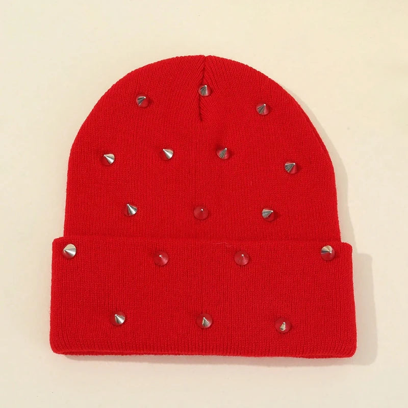 1Pc Men Punk Rivet Beanie Hat,Goth Gothic Skull Caps Winter Warm Knitted HeadCap for Men Women,Suitable for Street Daily Wear