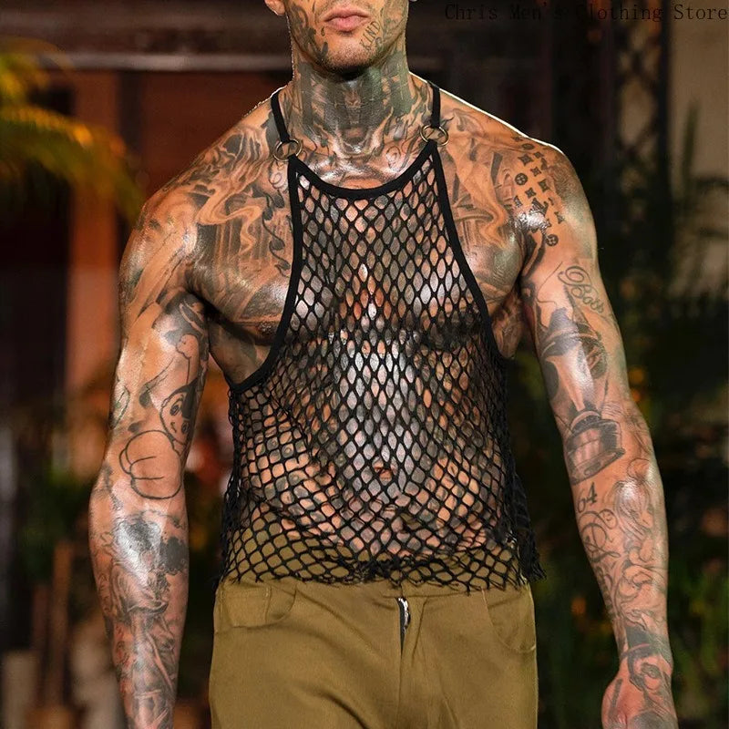 Men's Tank Top Outdoor Sports Black Cutout Vest Top Men's Sheer Mesh Fitness Sleeveless Vest Men Summer Mesh Vest Men's Clothing