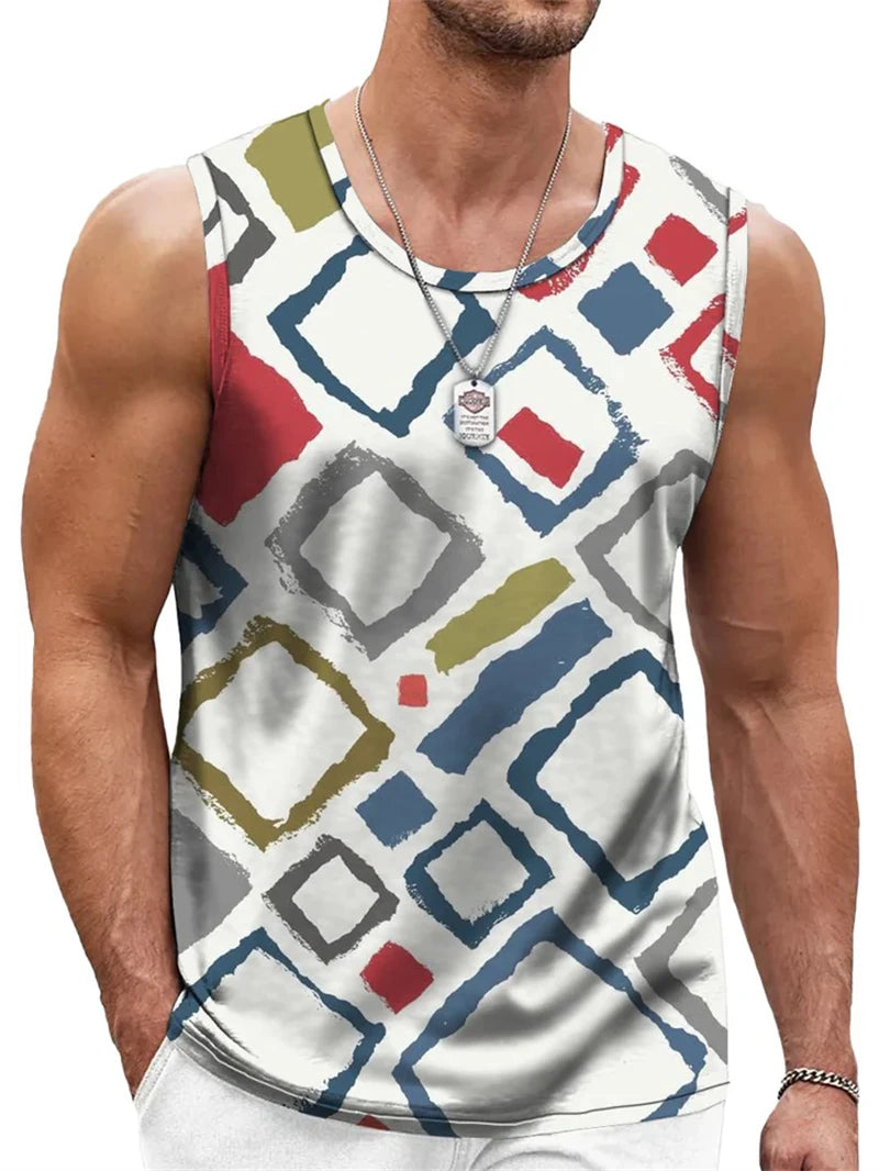 Mens Retro Geometric 3D Printed Tank Top Summer Casual Crew Neck Fashion Trend Sleeveless Vest Loose Breathable Sports Tops