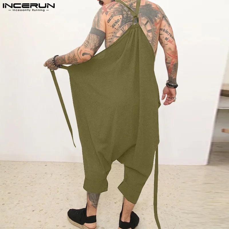 INCERUN American Style Fashion Jumpsuit Men's Loose Deconstruction Design Jumpsuit Streetwear Solid Wide Leg Sleeveless Rompers
