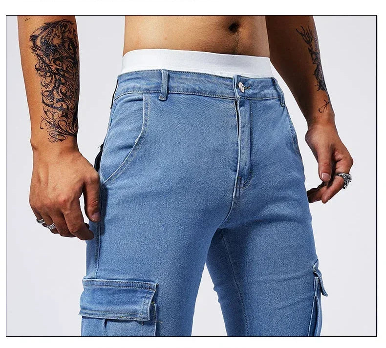 2025 New Men Street Elastic Denim Jeans Multi Pockets Cargo Pants Casual Slim Denim Trousers Fashion Y2k Joggers Baggy Man Pants