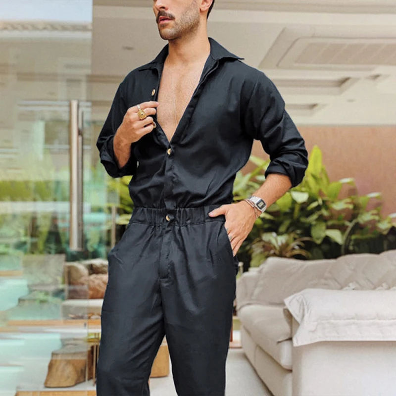 Men Solid Color Jumpsuit Playsuit Buttons Casual Cargo Clothes Overalls Turn Down Collar Long Sleeve Oversized Waist Pants