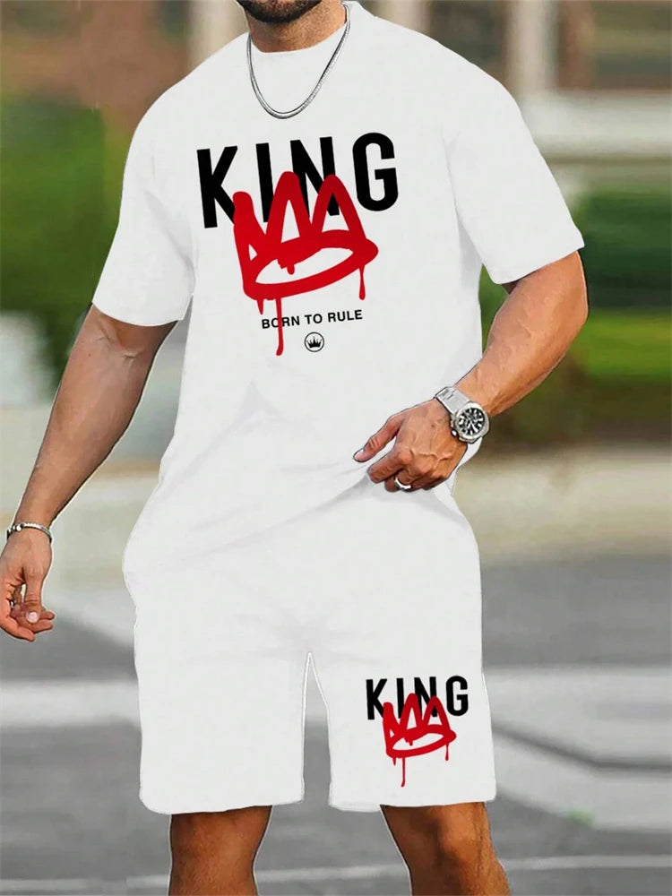 New Men's Short Sleeve Shorts Set Fashion King Printed T-Shirt Shorts 2 Sets of Casual Round Neck Jumper Breathable Sportswear