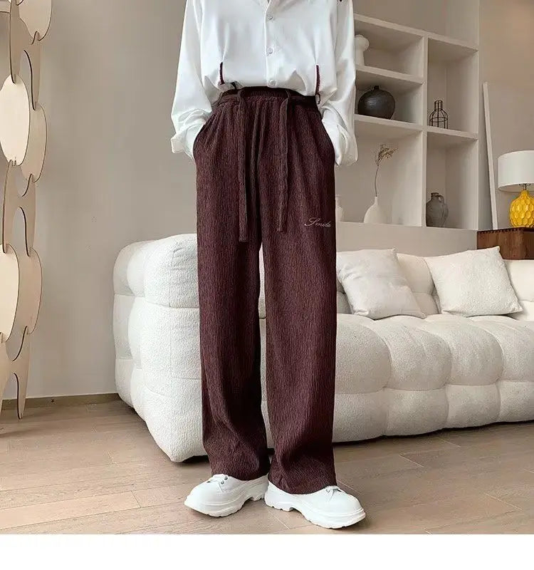 Casual Ice Silk Pants Men Wide Leg Lightweight Baggy Sweatpants White Straight Linen Trousers Male Summer Elastic Hiking
