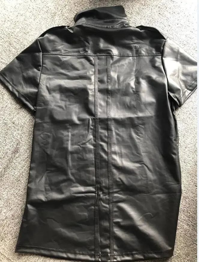 S-2XL Fashion Wet Look Black Faux Leather Men Sexy Two Pockets Tops Tees DS Night Motorcycle Short Sleeves Shirts With Button