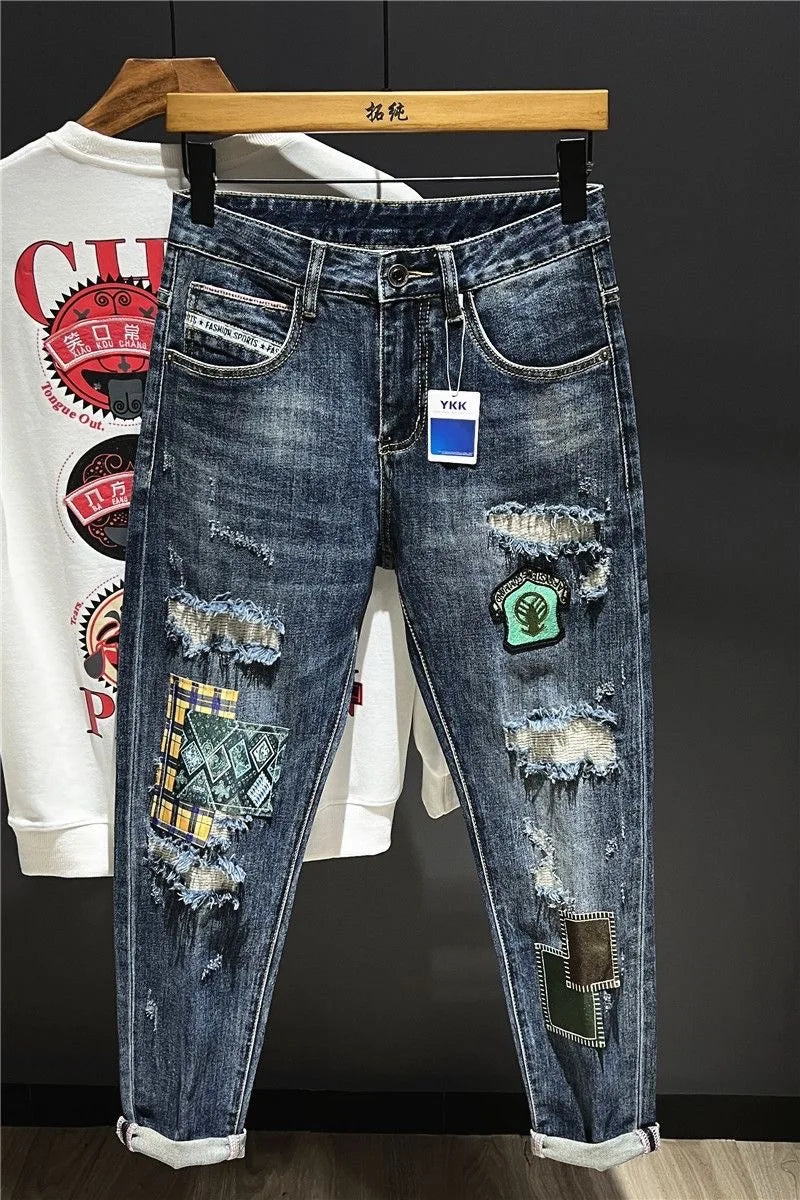 Spring and Autumn New Men's Fashion Trend Ripped Patch Small Foot Pants Men's Casual Slim Comfortable High-Quality Jeans
