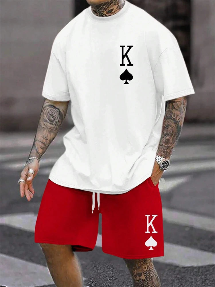 New Men's Short Sleeve Shorts Set Fashion King Printed T-Shirt Shorts 2 Sets of Casual Round Neck Jumper Breathable Sportswear