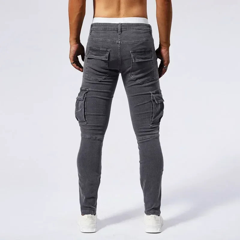 2025 New Men Street Elastic Denim Jeans Multi Pockets Cargo Pants Casual Slim Denim Trousers Fashion Y2k Joggers Baggy Man Pants