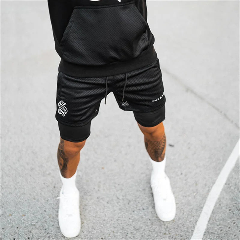2024 summer mesh Sports Shorts Men Double-deck Jogging Running Shorts Men 2 IN 1 Mens GYM Shorts Fitness Workout Short Pants Man