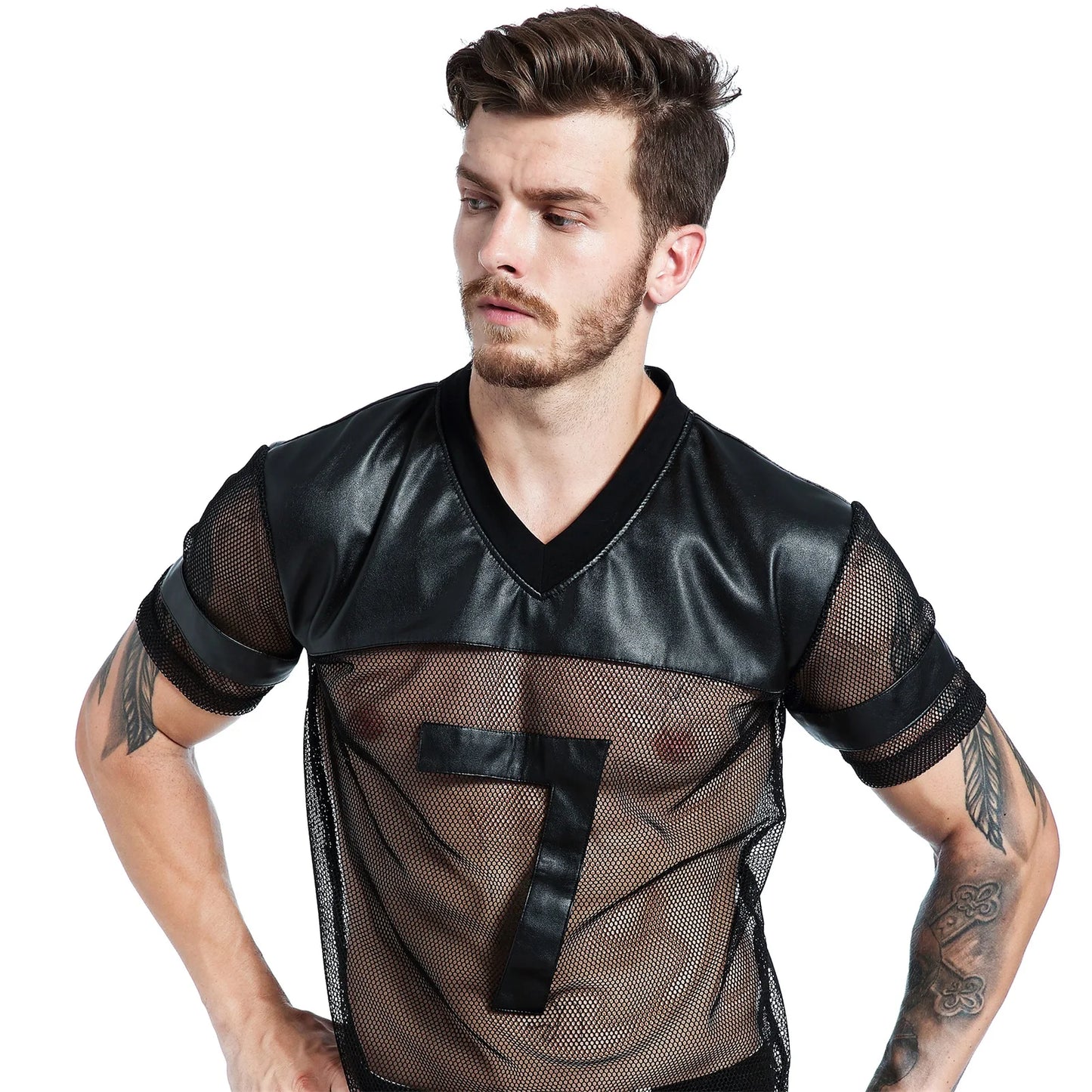 CLEVER-MENMODE Sexy Men Fishnet T-Shirt PU Faux Leather Mesh Shirts See Through Tops Tee Transparent Short Sleeve Stage Clubwear